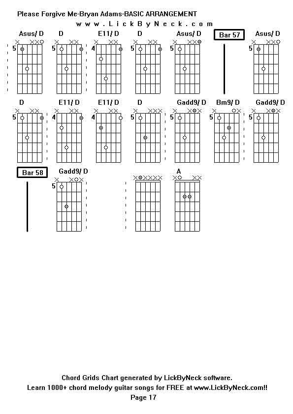 Chord Grids Chart of chord melody fingerstyle guitar song-Please Forgive Me-Bryan Adams-BASIC ARRANGEMENT,generated by LickByNeck software.